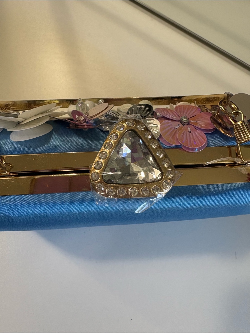 bebe Blue Floral Sequin Evening Clutch with Gold Handle - Picture 3 of 8